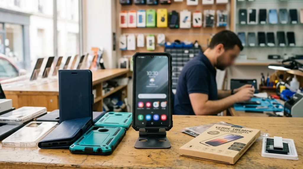 Smartphone équipé d'une coque et d'un verre trempé sur un comptoir d'accessoires