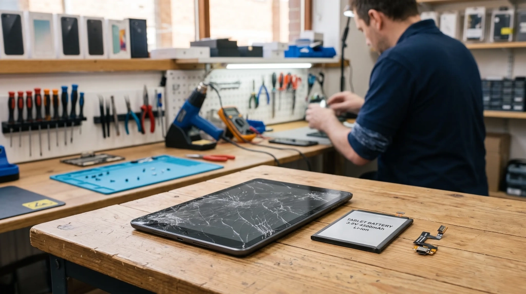 Tablette à la vitre brisée ouverte sur un plan de travail pour sa réparation