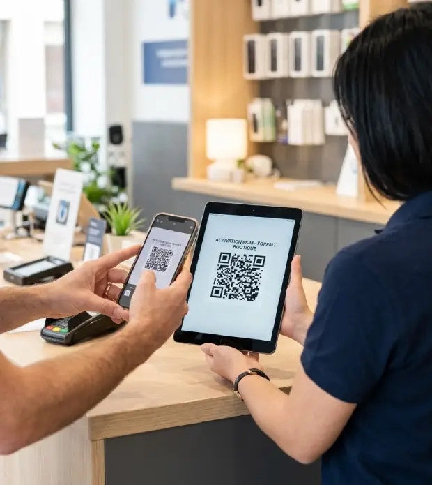 Activation d'une eSIM accompagnée par un conseiller en magasin de téléphonie mobile