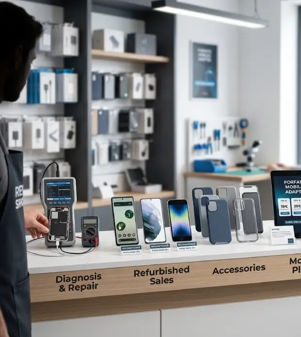 Comptoir de magasin de téléphonie mobile avec smartphones reconditionnés, coques et chargeurs
