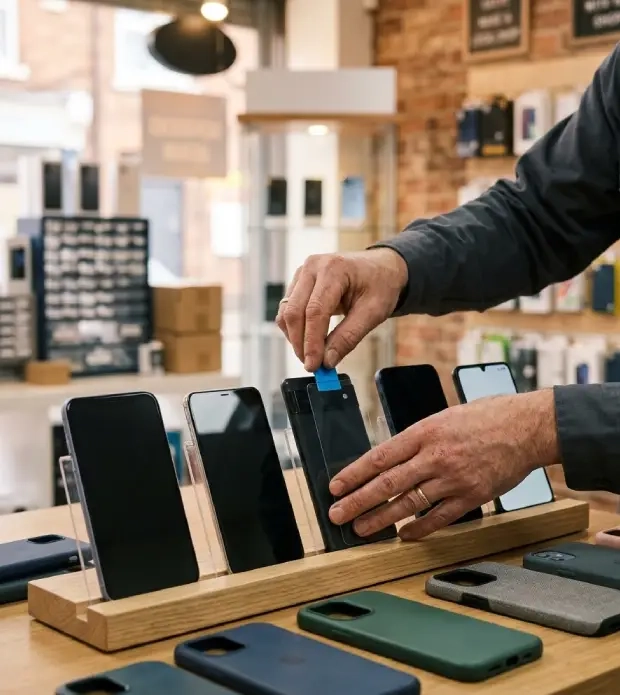 Smartphones reconditionnés et pose d'un verre trempé dans un magasin de téléphonie mobile