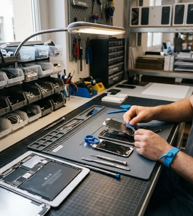 Technicien remplaçant l'écran d'un smartphone dans l'atelier d'un magasin de téléphonie mobile