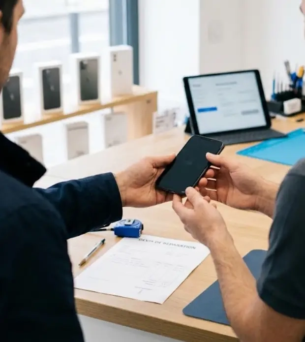 Client confiant son smartphone au conseiller d'un magasin de téléphonie mobile pour un diagnostic